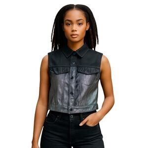 Zara Women’s Metallic Silver Foil Denim Black Button Front Vest Size S NWT